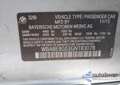 2016 BMW 328I z USA, uszkodzony, nr VIN WBA8E9G53GNT83078